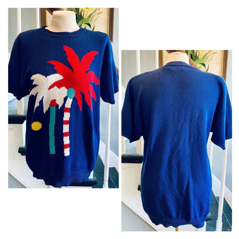 1980s Nautical Tropical Sweater Short Sleeve Preppy Yacht Palm Tree Intarsia